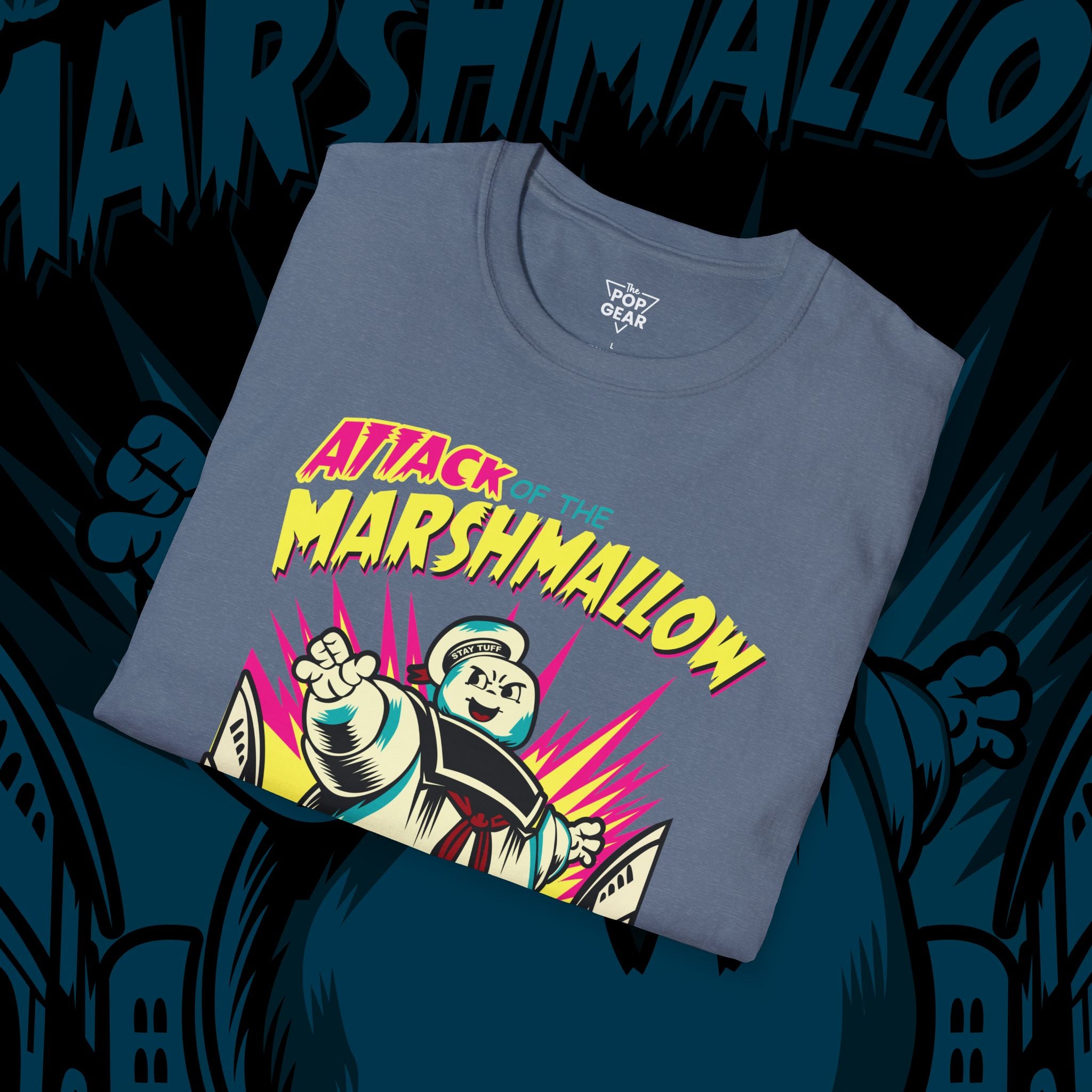 Attack of the Marshmallow Unisex Softstyle T-Shirt - Fun Graphic Tee for Movie Lovers