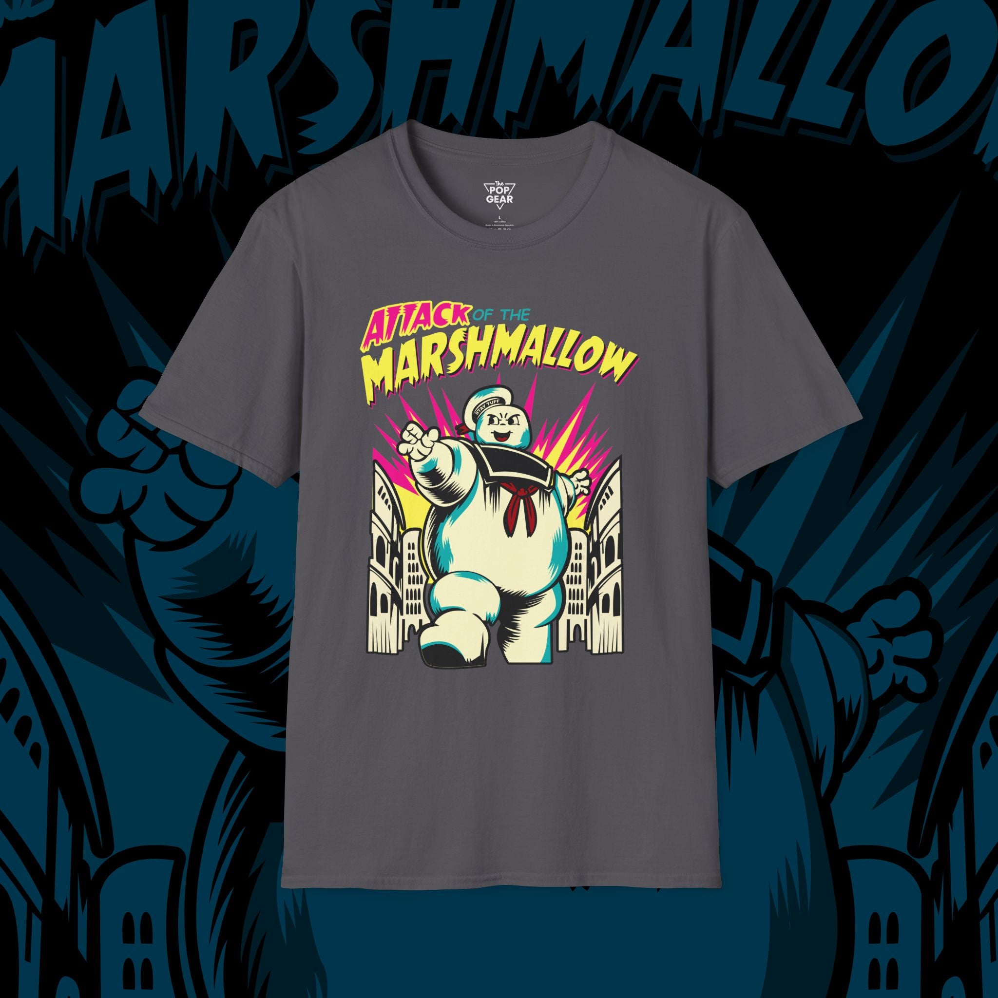 Attack of the Marshmallow Unisex Softstyle T-Shirt - Fun Graphic Tee for Movie Lovers