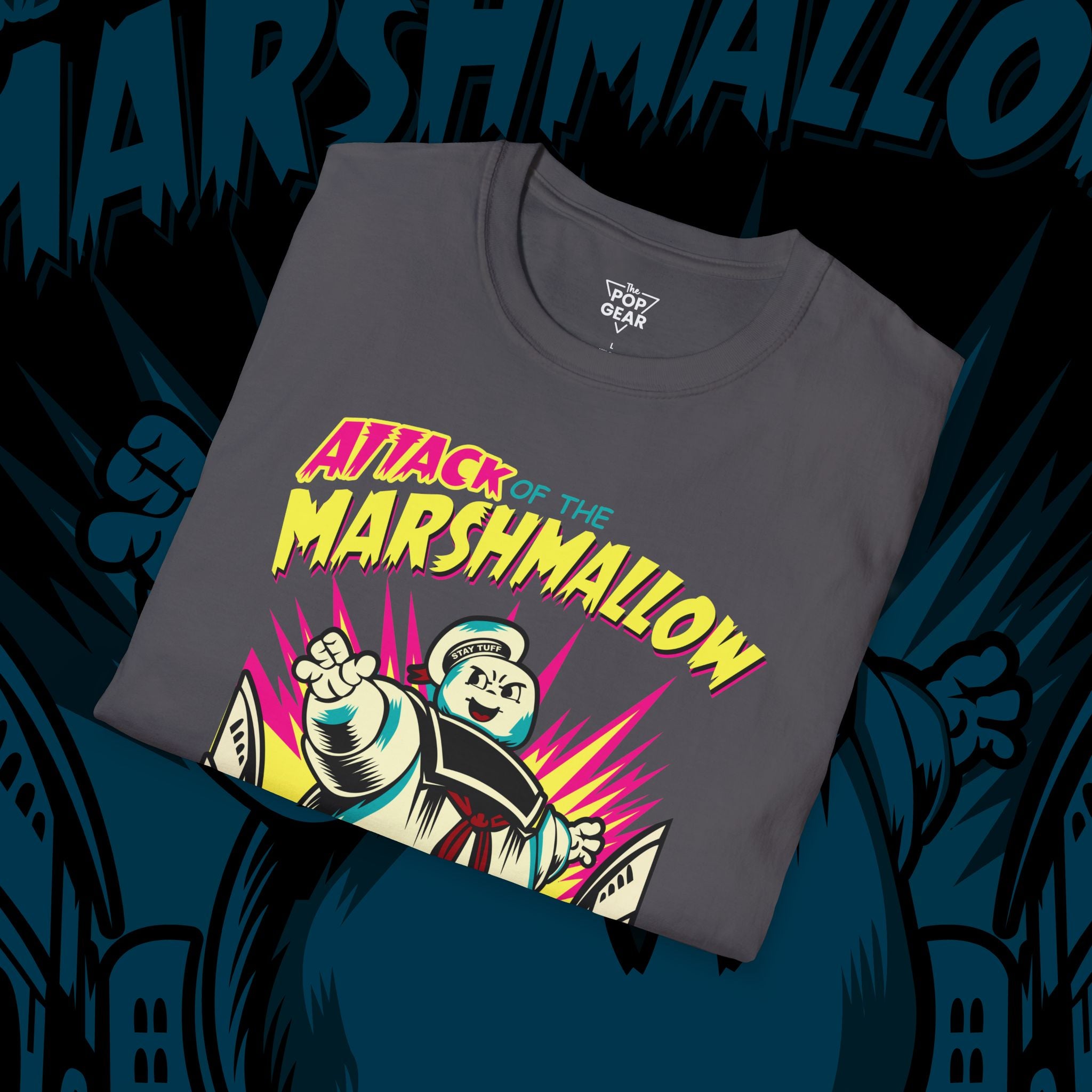 Attack of the Marshmallow Unisex Softstyle T-Shirt - Fun Graphic Tee for Movie Lovers