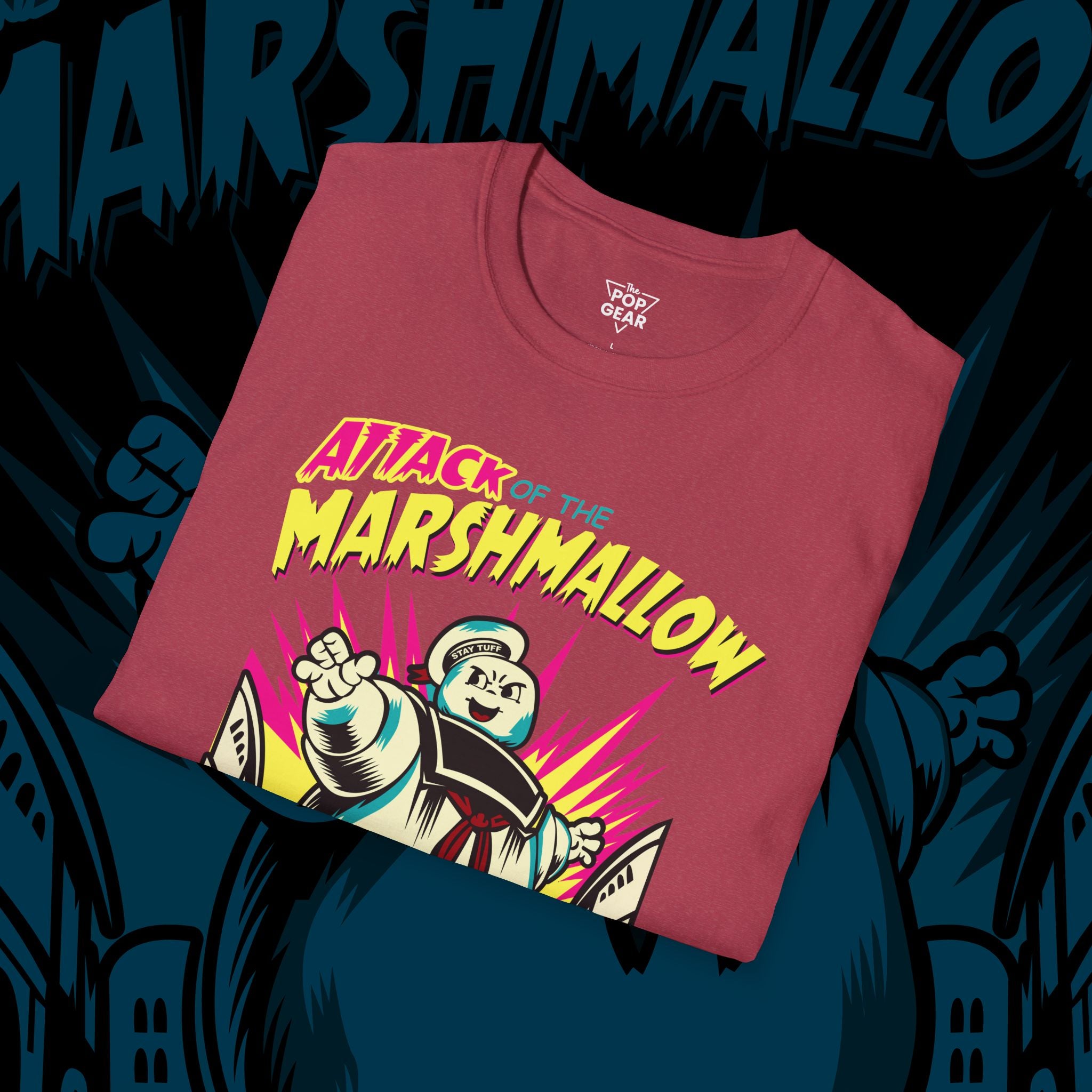 Attack of the Marshmallow Unisex Softstyle T-Shirt - Fun Graphic Tee for Movie Lovers