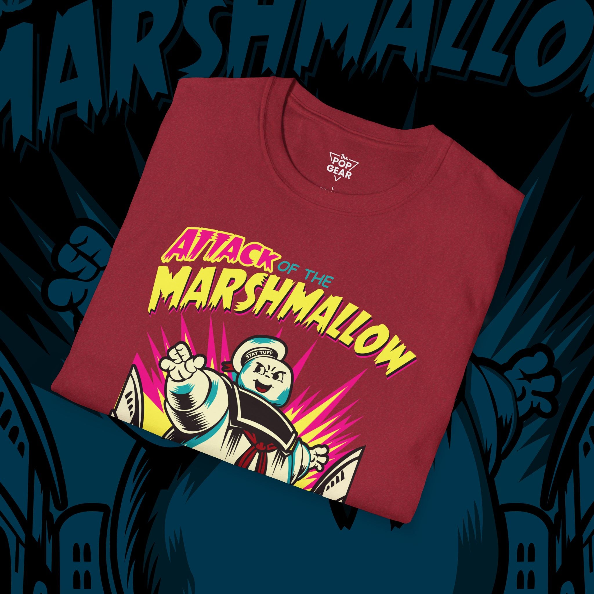 Attack of the Marshmallow Unisex Softstyle T-Shirt - Fun Graphic Tee for Movie Lovers