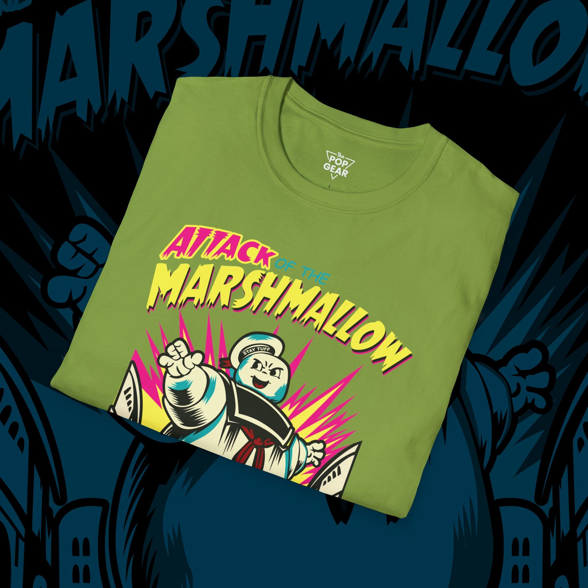 Attack of the Marshmallow Unisex Softstyle T-Shirt - Fun Graphic Tee for Movie Lovers