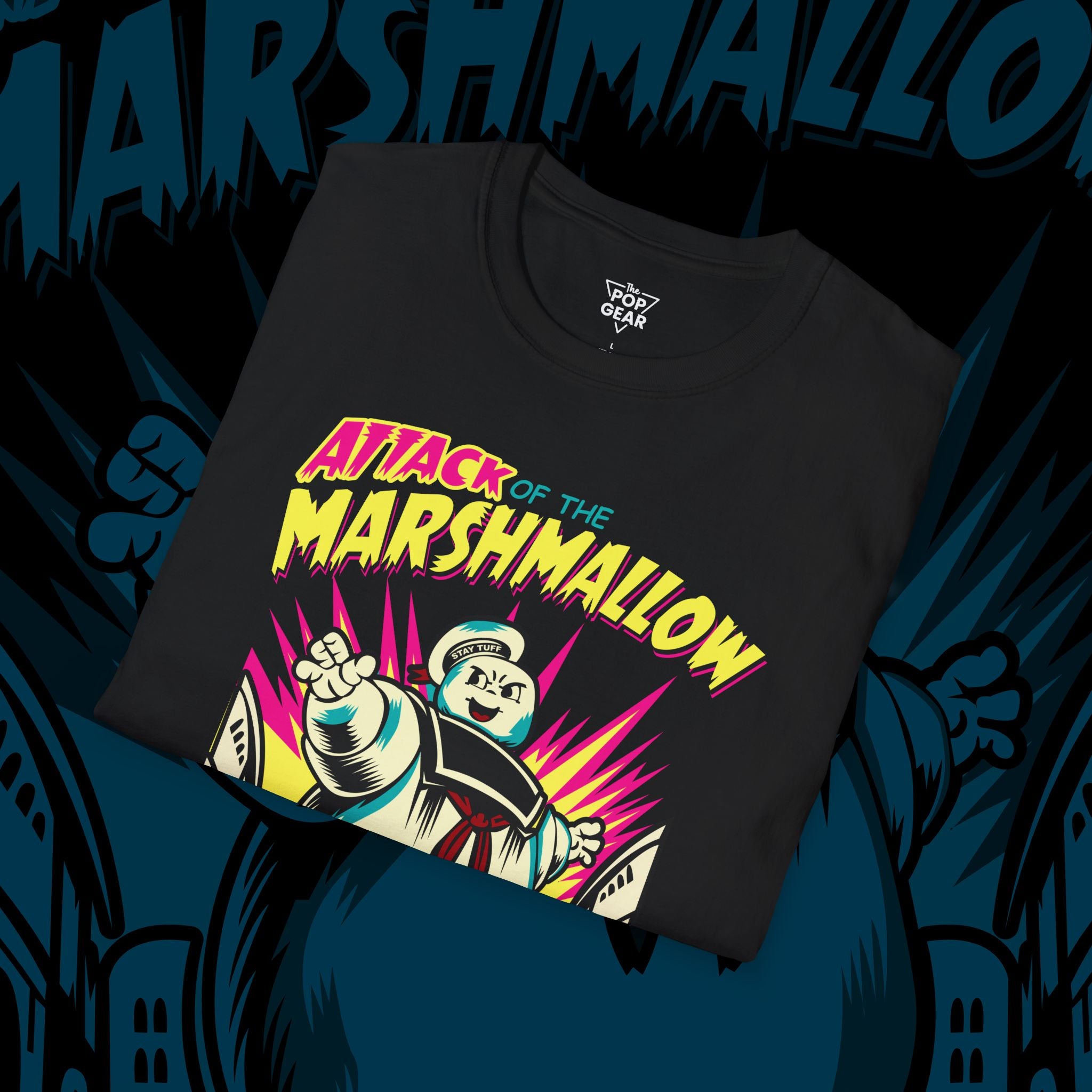 Attack of the Marshmallow Unisex Softstyle T-Shirt - Fun Graphic Tee for Movie Lovers