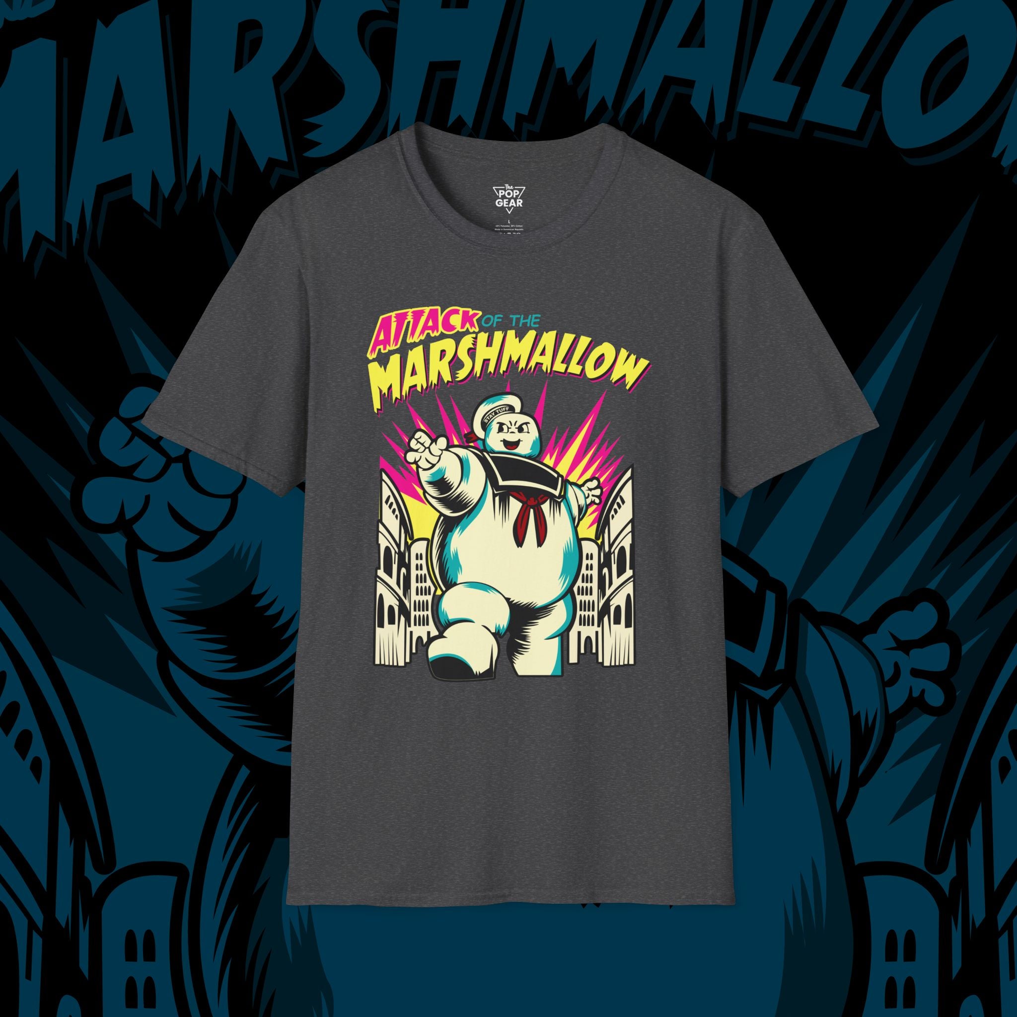 Attack of the Marshmallow Unisex Softstyle T-Shirt - Fun Graphic Tee for Movie Lovers