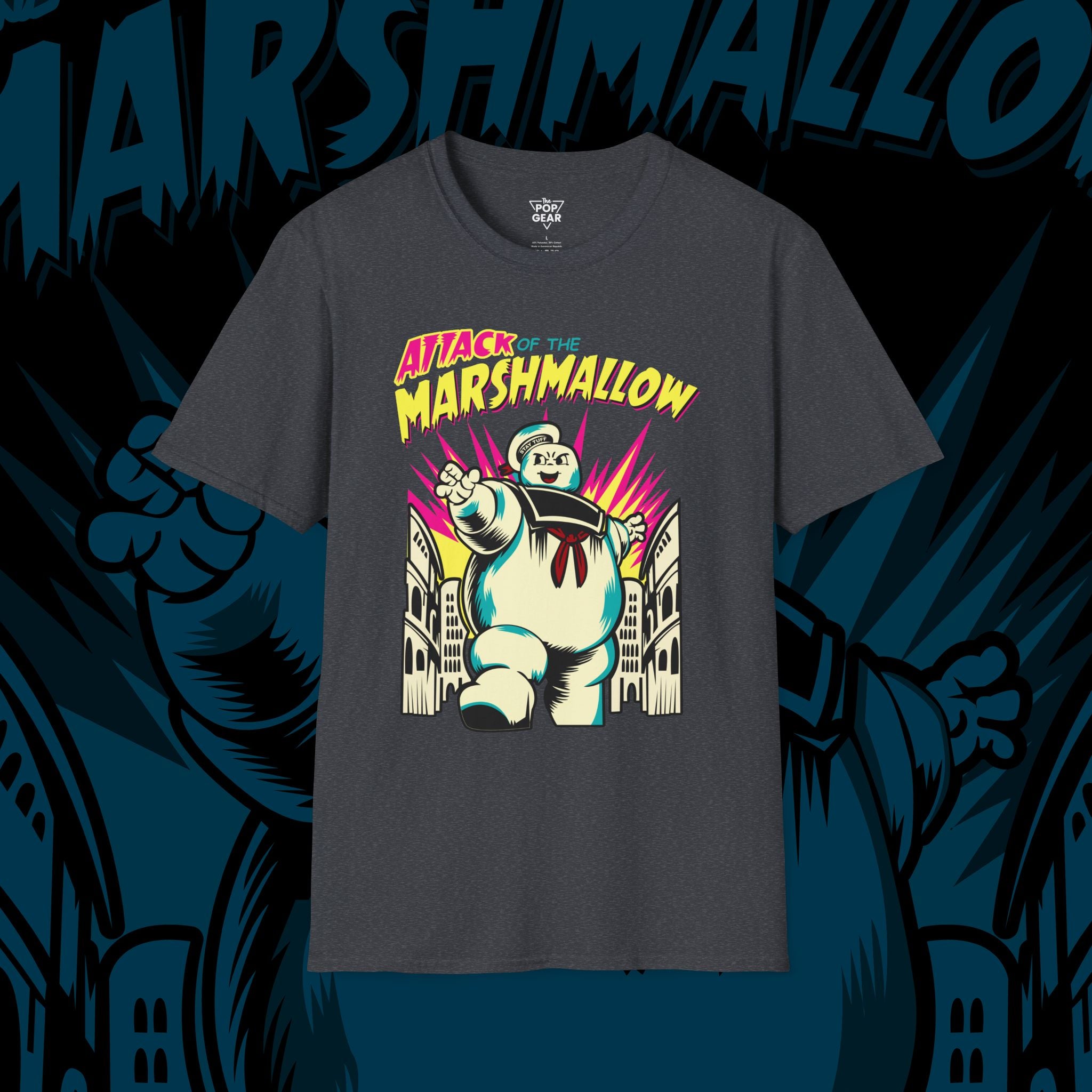 Attack of the Marshmallow Unisex Softstyle T-Shirt - Fun Graphic Tee for Movie Lovers