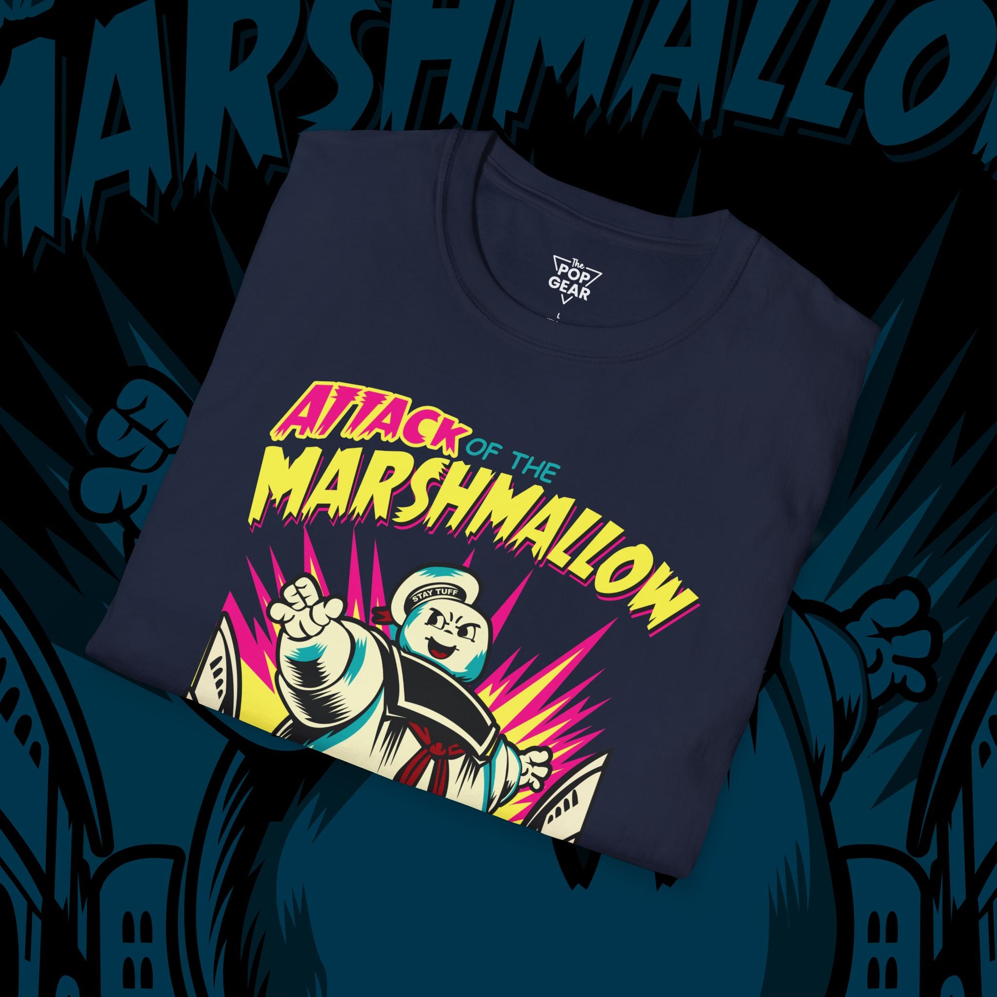 Attack of the Marshmallow Unisex Softstyle T-Shirt - Fun Graphic Tee for Movie Lovers