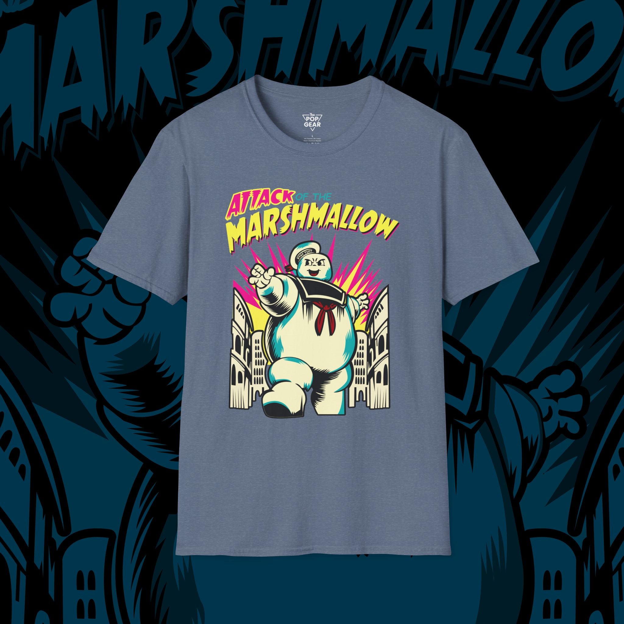 Attack of the Marshmallow Unisex Softstyle T-Shirt - Fun Graphic Tee for Movie Lovers